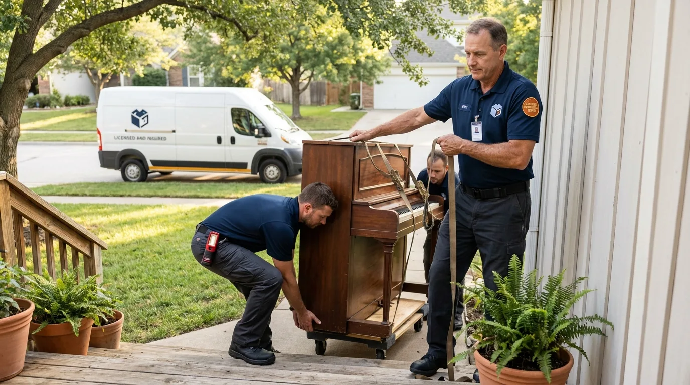 Licensed piano movers securing grand piano in Oberlin, OH