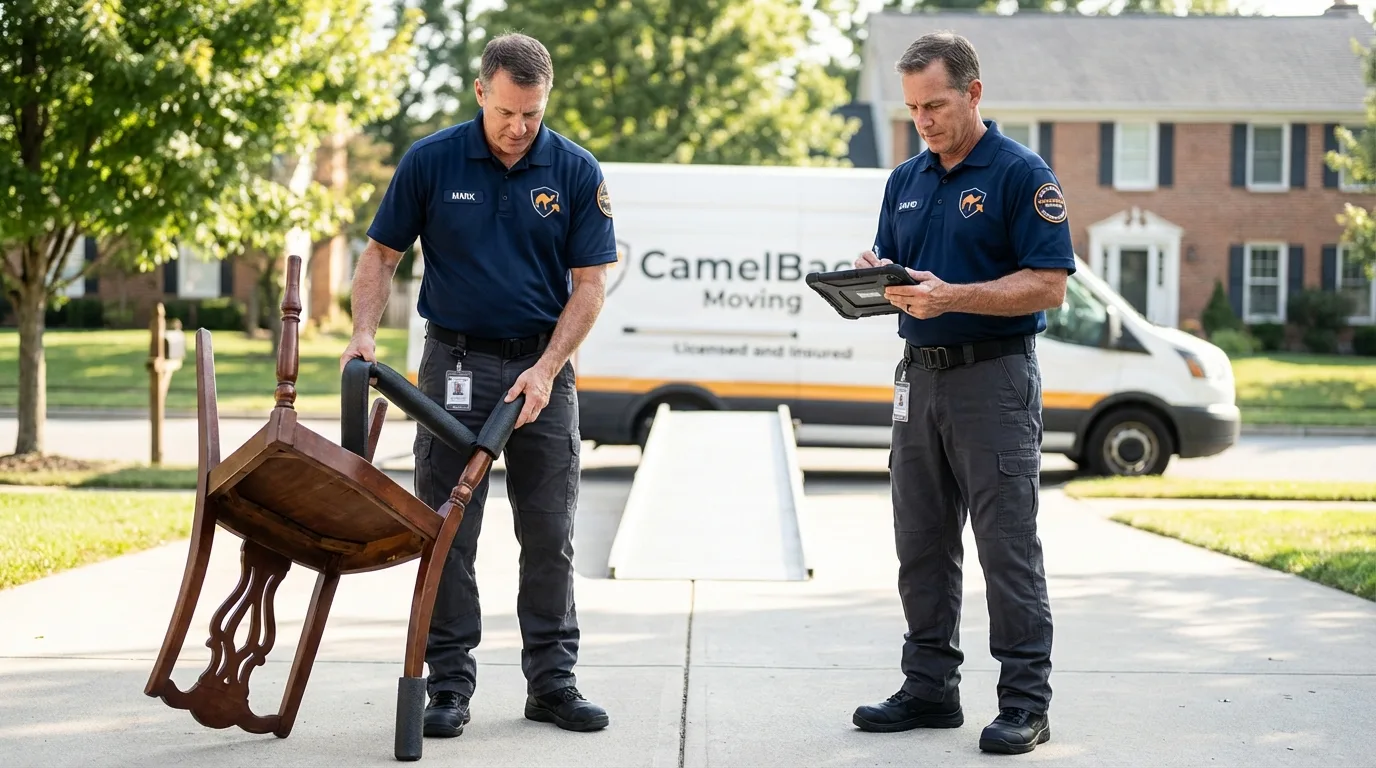 Movers inspecting furniture for damage prevention before loading in Oberlin, OH
