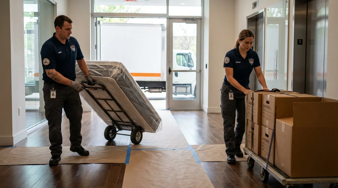 Professional apartment movers loading elevator in Oberlin, OH
